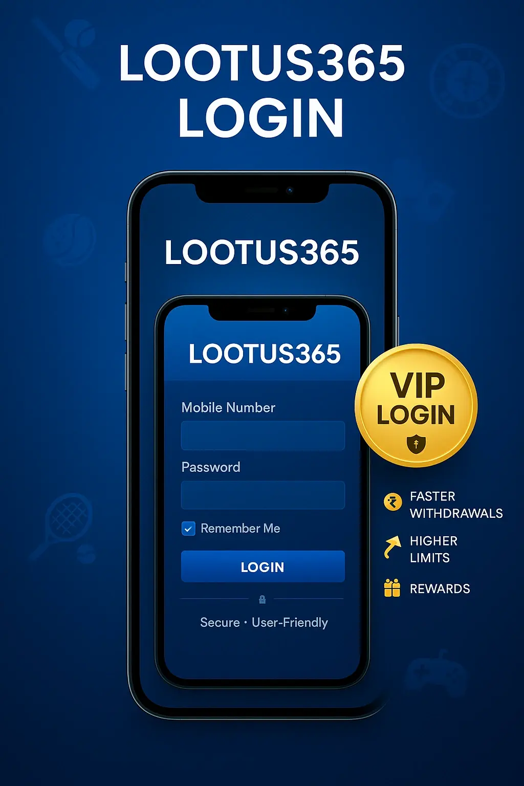 Lotus365 login banner showing mobile login screen with VIP Login badge